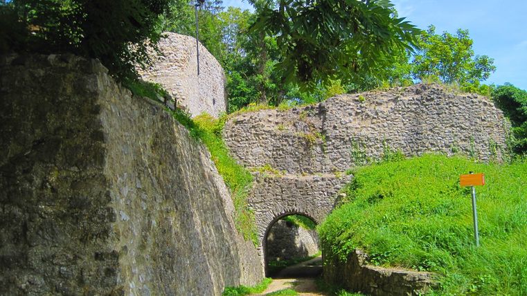 Ein Wanderweg führt durch die Ruinen der Burg Kerpen, umgeben von grüner Vegetation und alten Steinmauern.