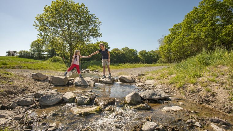Two people cross a small stream on stones in a green landscape.