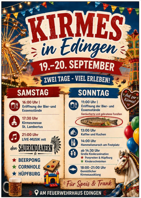 Une affiche haute en couleur pour la kermesse d'Edingen, qui aura lieu les 19 et 20 septembre. Elle présente les animations et les attractions, notamment la restauration, les concerts et les jeux.