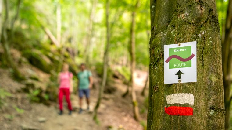 Ein Baum mit einem Schild der Klosterroute im Wald, zwei unscharfe Personen im Hintergrund.