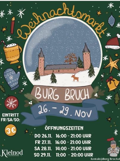 Weihnachtsmarkt mit festlicher Atmosphäre und einer Zeichnung der Burg Bruch. Die Veranstaltung findet vom 27. bis 30. November statt.