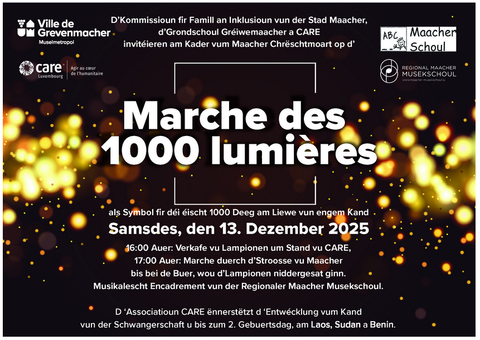 Ein Plakat für die Veranstaltung "Marche des 1000 lumières" in Grevenmacher. Es wird auf einen festlichen Umzug mit Lichtern und musikalischen Darbietungen am 13. Dezember 2025 hingewiesen.