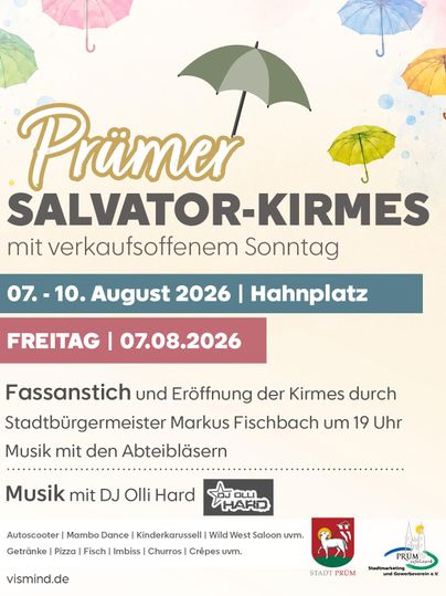 Ein Plakat für die Prümer Salvator-Kirmes, die vom 07. bis 10. August 2026 stattfindet. Es zeigt Details zu Veranstaltungen, darunter einen Fassanstich und Live-Musik mit DJ Olli Hard.