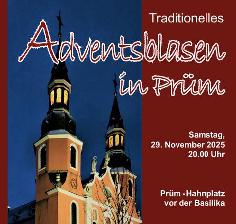 Traditionele adventsblazers in Prüm. Evenement op 29 november 2025 om 20:00 uur voor de basiliek.
