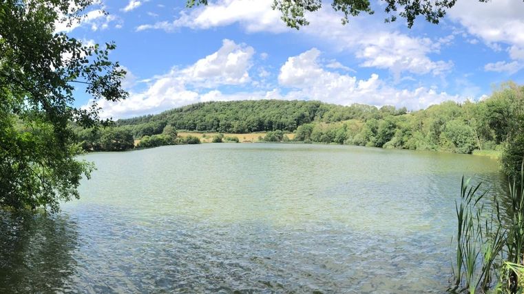 Un lac tranquille entouré d'arbres et de collines sous un ciel bleu avec des nuages.
