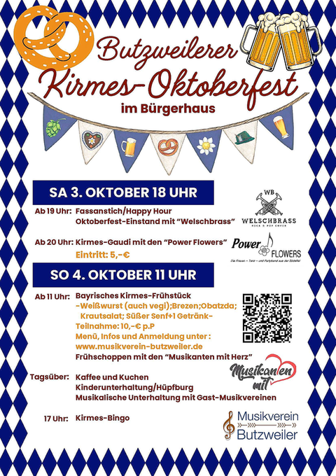 Une affiche d'événement pour la fête foraine d'octobre de Butzweiler au Bürgerhaus. Elle montre des informations sur les dates, les activités et les prix d'entrée.