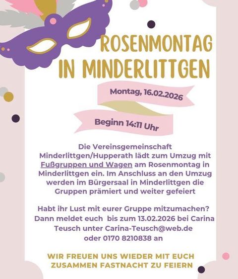 Un flyer coloré pour le Lundi des Roses à Minderlittgen. Il invite à un défilé avec des groupes à pied et des chars et contient des informations importantes sur la date et le contact.