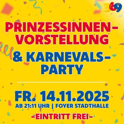 Een kleurrijk poster voor het carnaval in Neuenburg 2025. Het toont verschillende evenementen en data voor de festiviteiten.