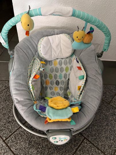 Een gezellige babyschommel met kleurrijke speelgoedjes en een zachte bekleding. De aangename kleuren maken het ideaal voor peuters.