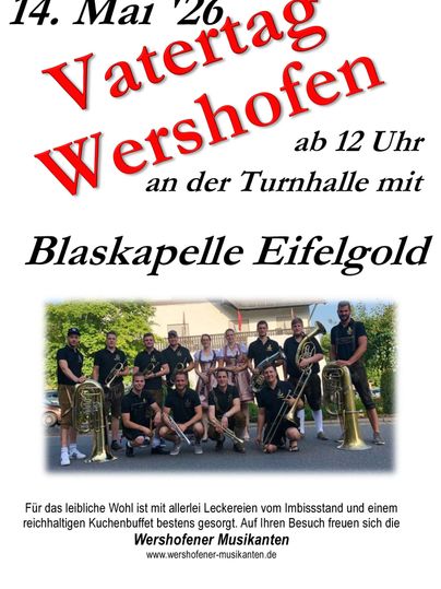 Een poster voor Vaderdag in Wershofen op 14 mei 2026. Het toont de harmoniekapel Eifgold en vermeldt details over het evenement.