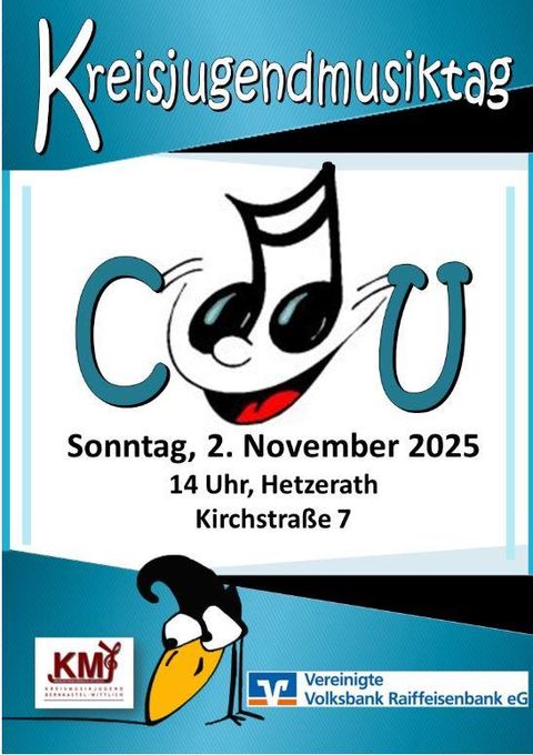 Ein farbenfrohes Plakat für den Kreismusiktag. Es zeigt das Datum, die Uhrzeit und den Ort der Veranstaltung.