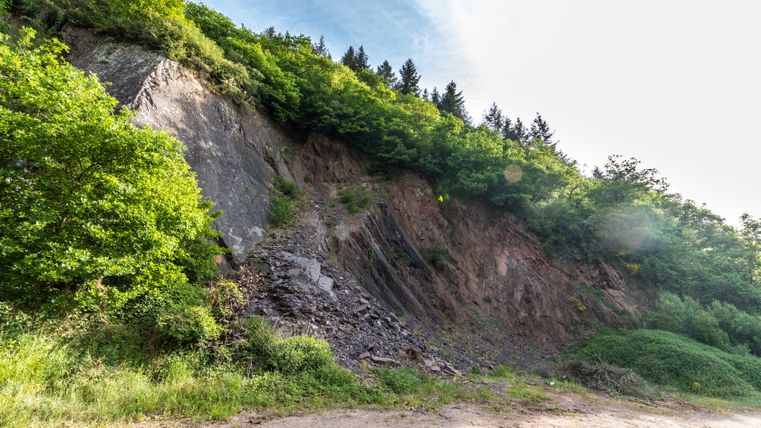 Leisteenrots met bomen in Niederkail op de Eifelsteig.