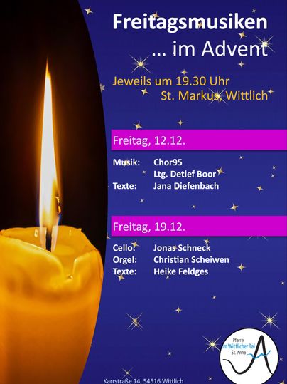 Ein stilvolles Plakat für Adventsmusik in der St. Markus Kirche in Wittlich. Es zeigt eine brennende Kerze und die Termine mit Informationen zu Musik und Texten.