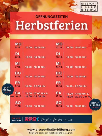 Ein Informationsblatt mit den Öffnungszeiten der Eissporthalle Bitburg während der Herbstferien. Enthält eine Tabelle mit den Öffnungszeiten für jeden Tag der Woche.