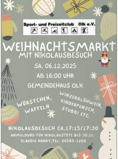 Een uitnodigende poster voor een kerstmarkt met een bezoek van de kerstman. Het evenement vindt plaats op 6 december 2025 in het gemeenschapshuis Olk en biedt worstjes, wafels en kinderpunch.