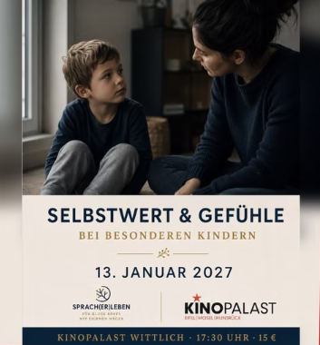 Een kind zit naast een volwassene en kijkt haar ernstig aan. Op de achtergrond is een warme, uitnodigende sfeer te zien.