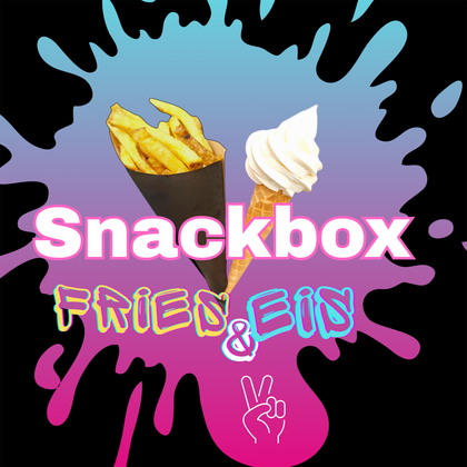Un design coloré avec un plat de frites et un cornet de glace. Le texte "Snackbox Fried & Eis" est conçu dans des couleurs vives.
