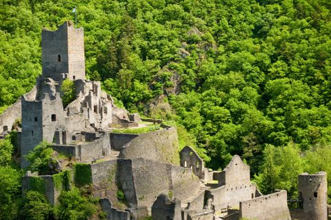 Ruïnes van kasteel Manderscheid omringd door groene bossen.