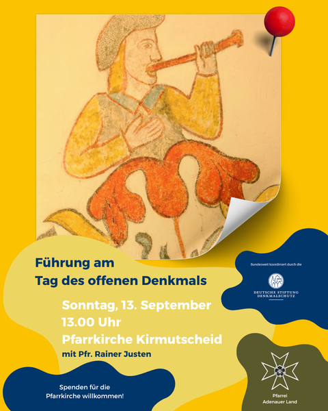 Ein farbenfrohes Plakat für eine Führung am Tag des offenen Denkmals. Es zeigt eine Kirche im Hintergrund und enthält Informationen zur Veranstaltung.