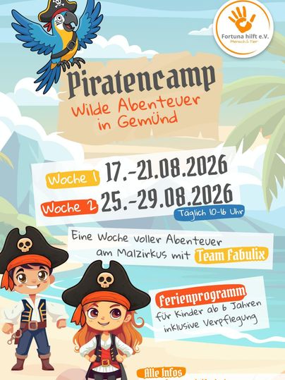 Ein Plakat für ein Piratencamp mit bunten Illustrationen. Es zeigt ein Abenteuerprogramm für Kinder, das in zwei Wochen im August stattfindet.