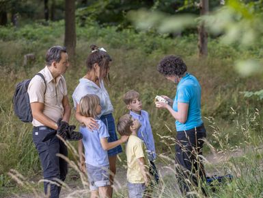 Während einer geführten Bibertour im Grünen zeigt eine Tourleiterin in blauem Shirt einer kleinen Gruppe etwas in der Hand. Drei Erwachsene und drei Kinder stehen in einer Wiese am Waldrand und hören interessiert zu. Die Szene spielt an einem hellen Tag inmitten einer natürlichen Umgebung.
