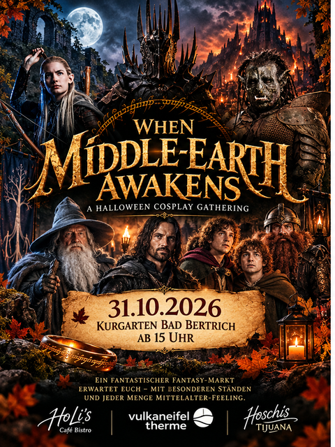 Ein farbenfrohes Plakat für ein Halloween-Cosplay-Treffen, das von Mittelerde inspiriert ist. Es zeigt verschiedene Charaktere in fantasyhaften Kostümen vor einer eindrucksvollen Kulisse.