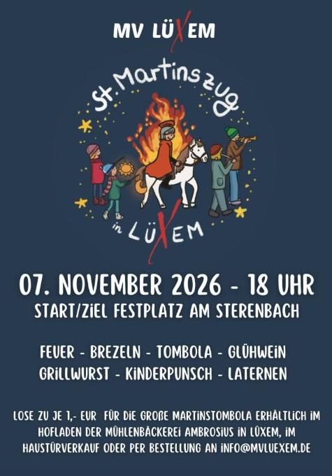 Ein fröhliches Plakat für den St. Martinszug in Lüxem, das den feierlichen Umzug mit Feuer, traditionellem Essen und Aktivitäten bewirbt. Das Event findet am 8. November 2025 um 18 Uhr statt.