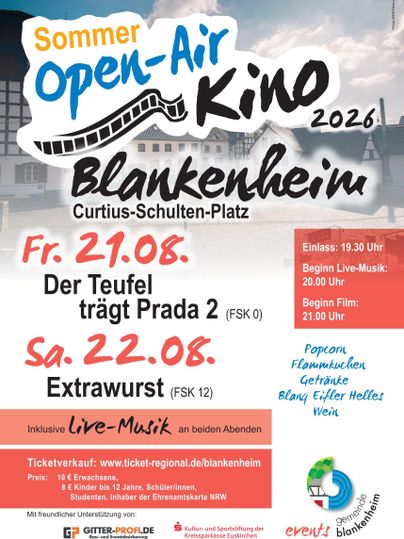 Ein Plakat für das Sommer Open-Air Kino 2026 in Blankenheim. Die Veranstaltungen finden am 21. und 22. August auf dem Curtius-Schulten-Platz statt.