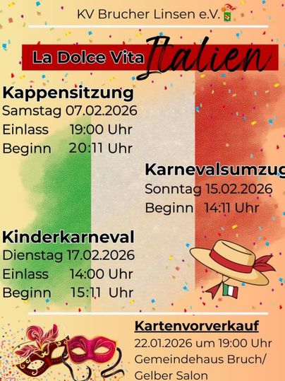 Une carte événementielle pour l'événement "La Dolce Vita" avec des dates et des heures pour différentes manifestations carnavalesques. Le design contient des couleurs et des symboles italiens qui transmettent une ambiance festive.