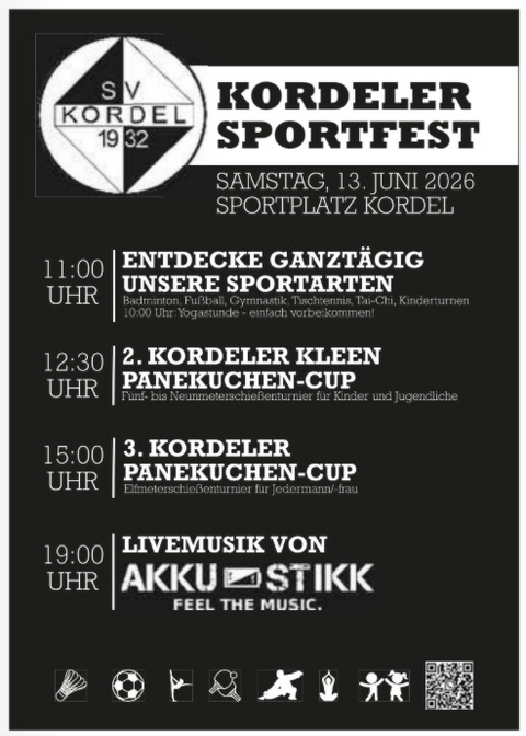 Ein Plakat für das Kordeler Sportfest mit verschiedenen Aktivitäten und Zeiten. Es zeigt sportliche Veranstaltungen und Livemusik am 13. Juni 2026.