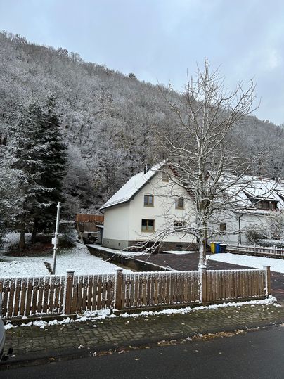 A snow-covered house surrounded by a fence and trees. In the background, there is a wooded hill.