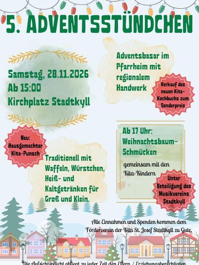 Ein Flyer für das Adventsstündchen mit Informationen zu einem Weihnachtsmarkt. Es werden Waffeln, Würste und regionale Handwerkskunst angeboten.