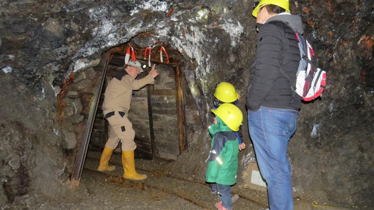 A person in a mining helmet is explaining something in a tunnel. A family with several helmets is watching with interest.