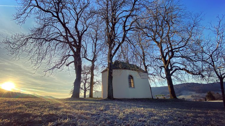 Eine kleine Kapelle umgeben von kahlen Bäumen bei Sonnenaufgang.
