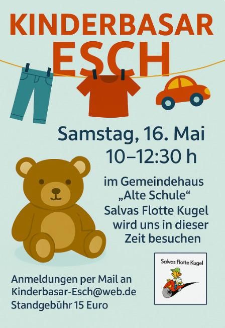 Een kleurrijke flyer voor een kinderbazaar. Op 16 mei vindt het evenement plaats in het gemeentehuis "Oude School".