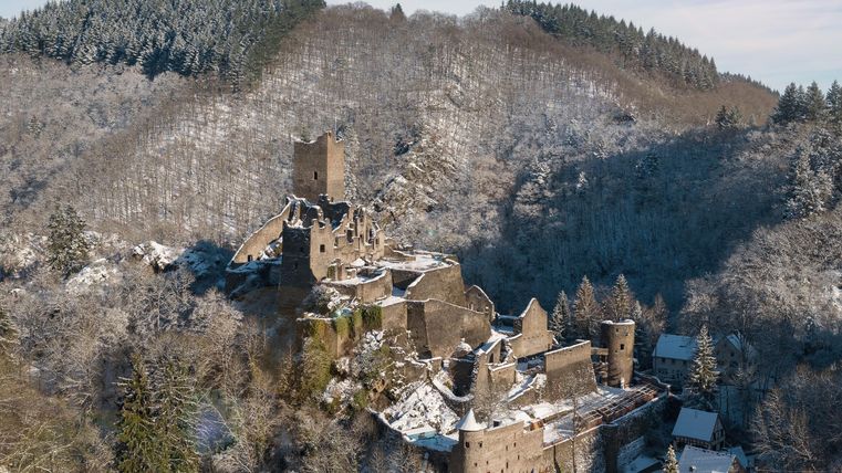 Eine alte Burg liegt malerisch in einer schneebedeckten Landschaft. Umgeben von Wäldern wirkt sie im winterlichen Licht besonders eindrucksvoll.