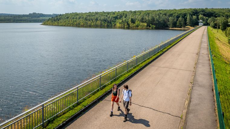 Two people are walking along a dike beside a calm lake. In the background, there are trees and a clear, blue sky.
