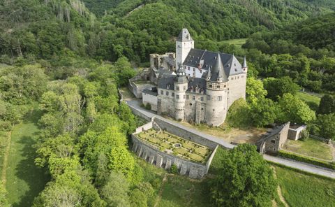 Une impressionnante forteresse avec des tours et un jardin entouré de forêt.