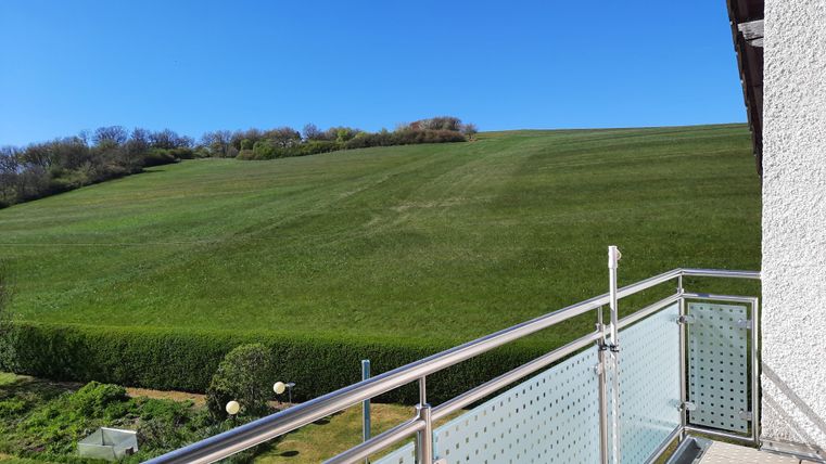 Eine grüne Wiese mit sanften Hügeln und klarem blauen Himmel. Im Vordergrund ist ein Balkon mit einem Geländer zu sehen.