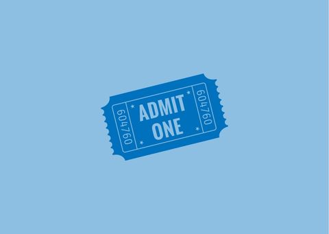 Ein blauer Eintrittskarte mit der Aufschrift „ADMIT ONE“. Sie zeigt eine einfache und klare Gestaltung.