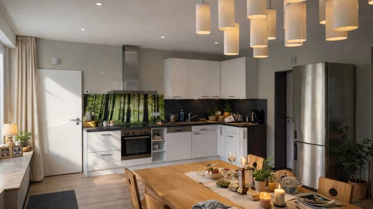 Eine moderne Küche mit einer hellen Holztafel und geschmackvoller Beleuchtung. Im Hintergrund sind Küchenschränke und ein Kühlschrank zu sehen, sowie ein Fenster, das einen Blick auf eine grüne Landschaft ermöglicht.