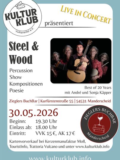 A poster for a live concert by Kerk & Bænd. The event will take place on April 25, 2026, at the Ziegler BuchBar in Manderscheid.