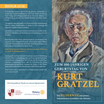 Affiche voor de 100e geboortedag van Kurt Gratzel met biografie en portret.