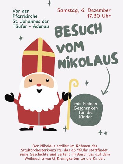 Ein fröhlicher Nikolaus mit rotem Mantel und goldenem Kreuzbesatz. Er lädt zu einer Veranstaltung vor der Pfarrkirche ein, die Geschenke für Kinder verspricht.