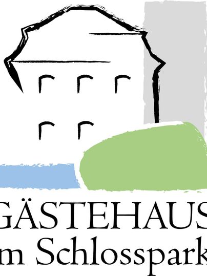 Ein stilisiertes Bild eines Gebäudes mit einer grünen und blauen Fläche darunter. Der Schriftzug „Gästehaus im Schlosspark“ ist deutlich sichtbar.