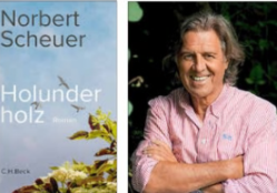 Ein Buchcover von Norbert Scheuer mit dem Titel "Holunderholz" und einem Bild des Autors. Der Autor lächelt und trägt ein Hemd, während ihn eine natürliche Umgebung umgibt.