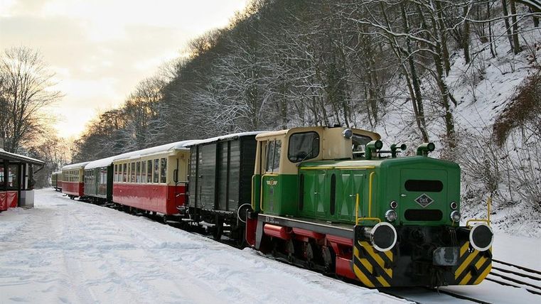A green locomotive stands on a snowy railway track. In the background, snow-covered trees and a red wagon can be seen.