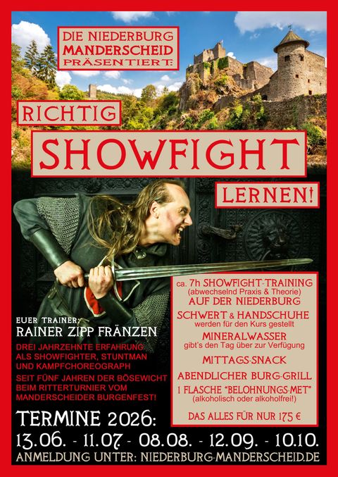 Ein Mann hält ein Tablet und schaut auf eine historische Burg im Hintergrund. Der Text bewirbt eine Zeitreise-Veranstaltung für Familien im Mittelalter.