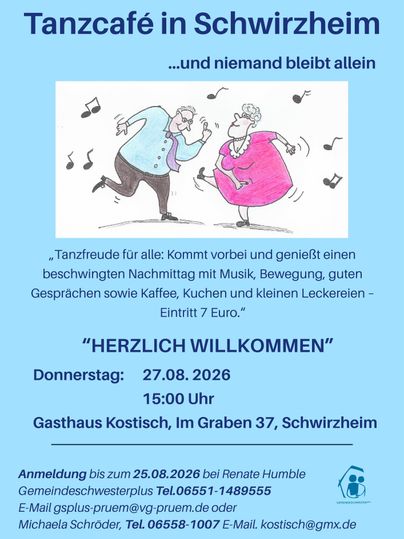 Un joyeux café dansant à Schwirzheim avec de la musique, du mouvement et de bonnes conversations. L'entrée coûte 7 euros et il y a du café ainsi que des gâteaux.