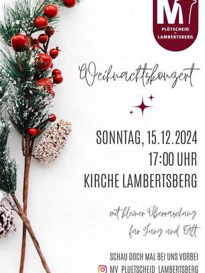 Ein festliches Weihnachtsevent mit Tannenzweigen und Dekoration. Es findet am 15. Dezember 2024 in der Kirche Lambertsberg statt.
